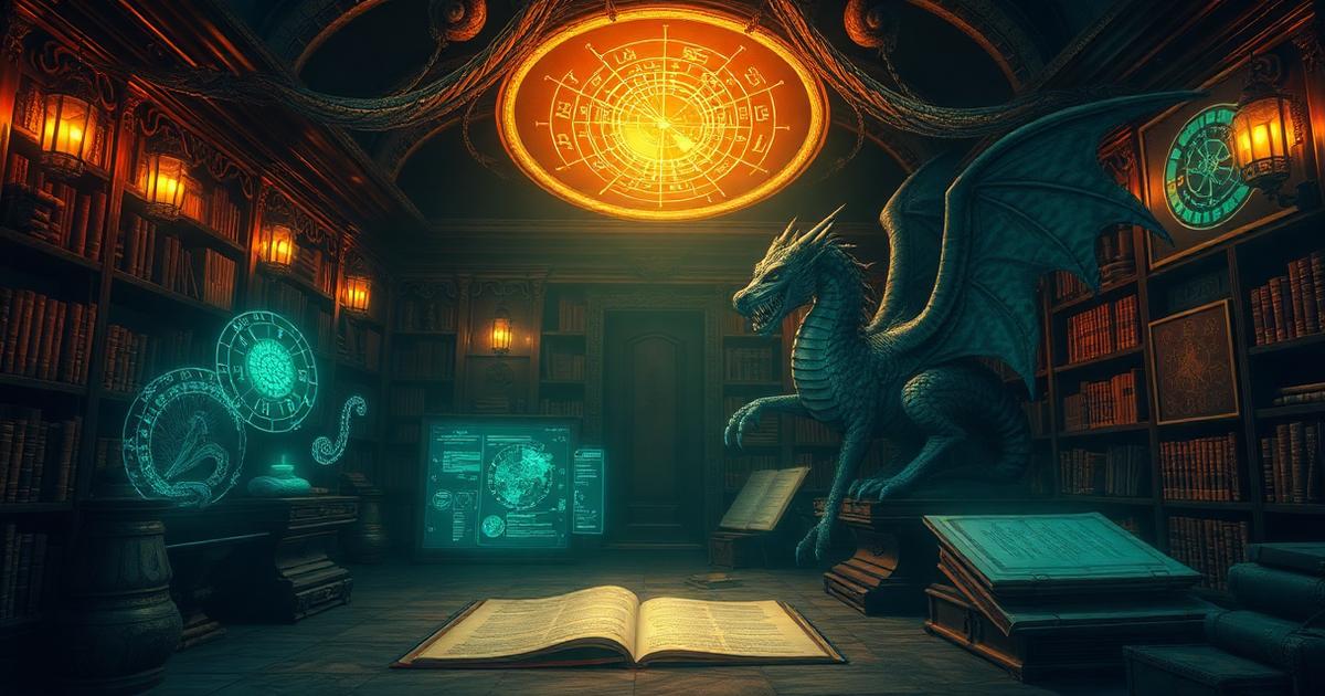 Ancient library with glowing risk-management diagrams guarded by a dragon statue