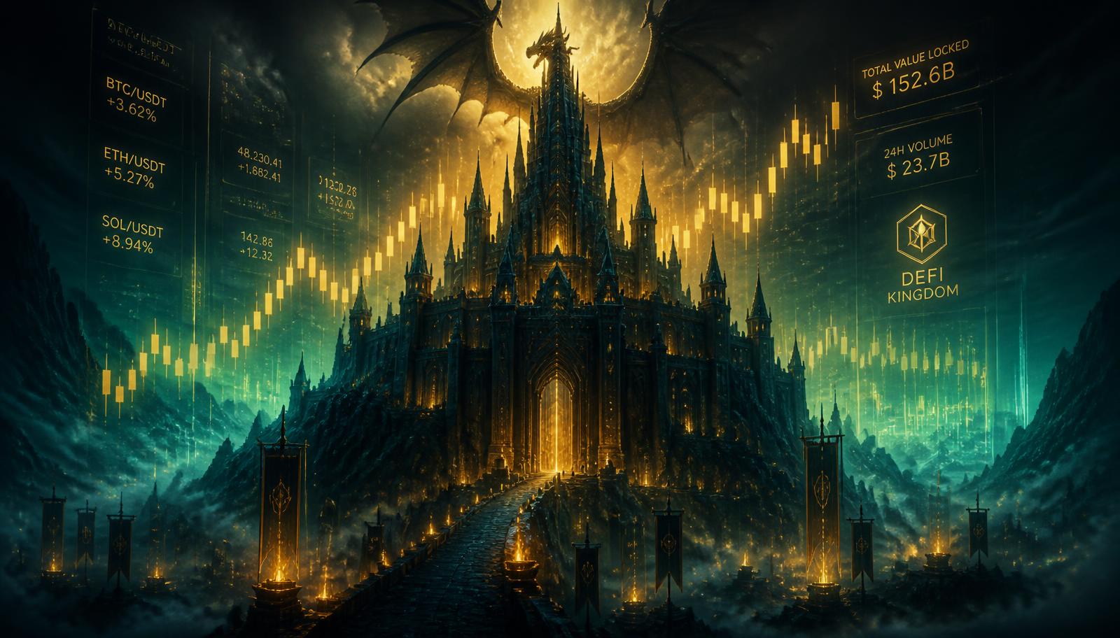 Fortress of financial knowledge with dragon and candlestick charts above the mountains